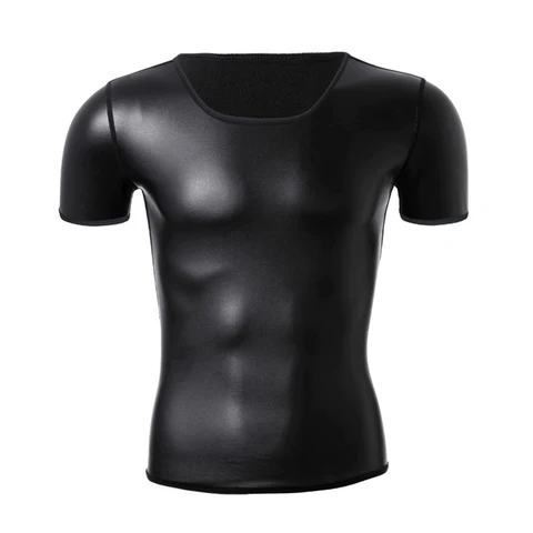 Новая мужская черная футболка из искусственной кожи, топы с коротким рукавом, мужская рубашка для похудения, формирователь тела, тренажер талии, кожаное Корректирующее белье, нижнее белье