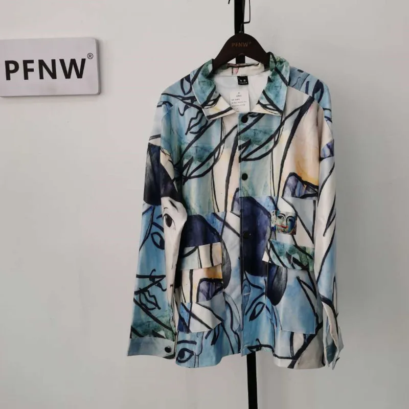 

PFNW Spring Autumn Men's Pocket Fashion Loose Shirt Coat O-neck Print Single Breasted Chic Spliced Stylish Jackets 12A7776