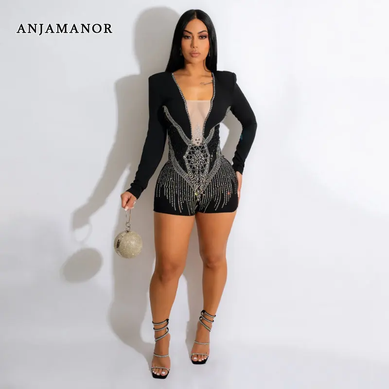 

ANJAMANOR Embellished Crystal Jumpsuit Long Sleeve Rompers Playsuits Women Sexy Black Birthday Party Clubbing Outfits D57-EZ28
