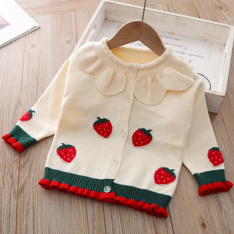 

Girls' Strawberry Knitted Cardigan Sweater Jacket Children's Clothing Spring Baby Girl Knitting 1-5t Children's Sweater