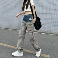 vintage ripped jeans women korean grunge high waist straight leg jeans y2k streetwear casual hippie denim pants trousers women