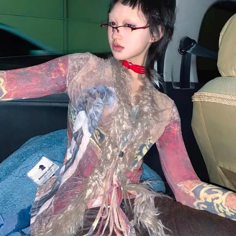 Рубашка с кисточками Y2k эстетичные сетчатые топы японские блузки в стиле