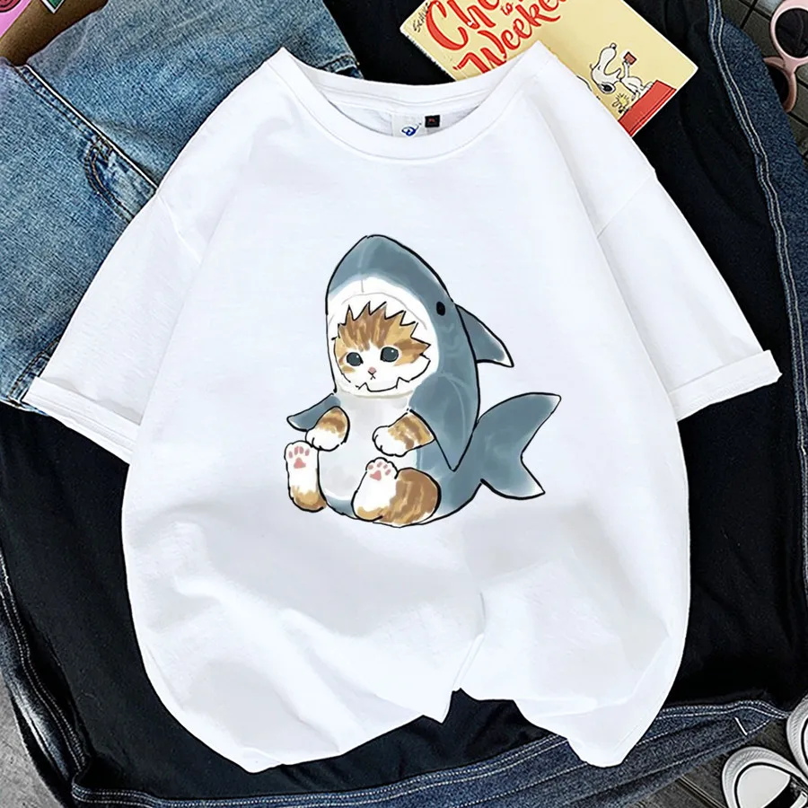 

Kawaii Cat Shark Women Print Funny T-shirt Girl Animal Y2K Fashion 90S Print Tops Tee Gril Black White Clothes,Drop Ship