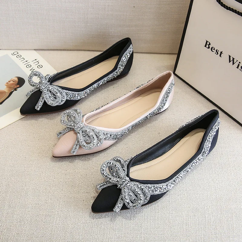 

2023 New Ballet Flats Shoes for Women Fashion Rhinestones Bow Flat Footware Female Plus Size Moccasin Boat Shoes Chaussure Femme