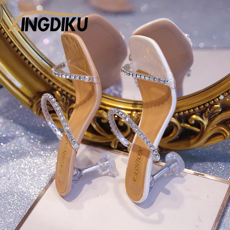 

Женские босоножки на высоком каблуке, Новинка лета 2022, модная женская обувь Стразы с блестками, женская обувь на квадратном каблуке, сланцы