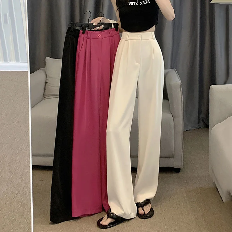 

Брюки женские с завышенной талией, Модные свободные Простые повседневные офисные штаны с широкими штанинами, розово-красные, в Корейском стиле, на лето