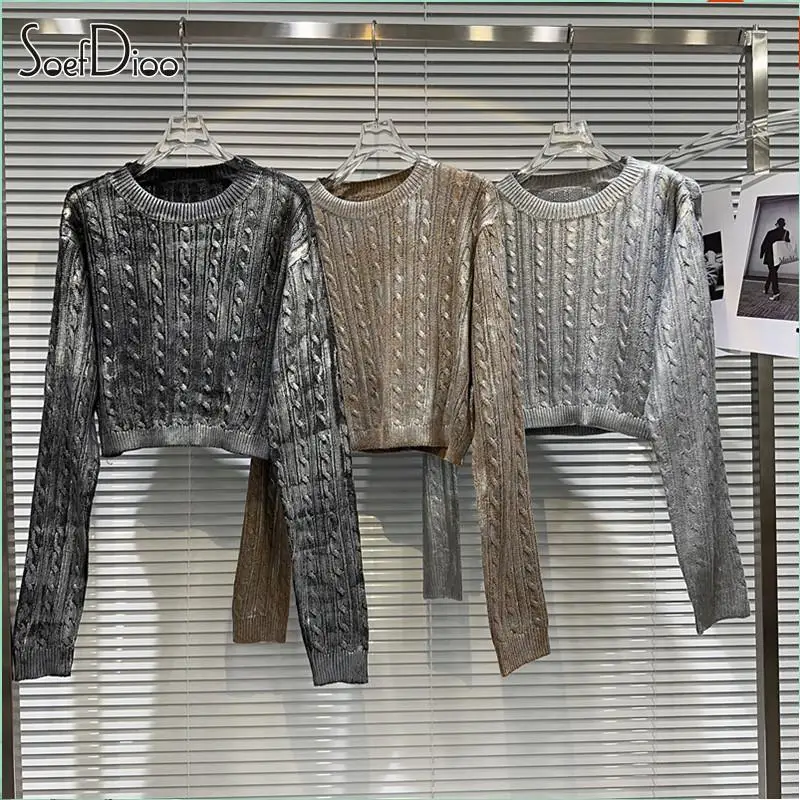 

Soefdioo Knitted Twist Fashion Hot Gold O-Neck Long Sleeve Loose Pullover Sweater Women Autumn Winter 2023 Y2K Tops Streetwear