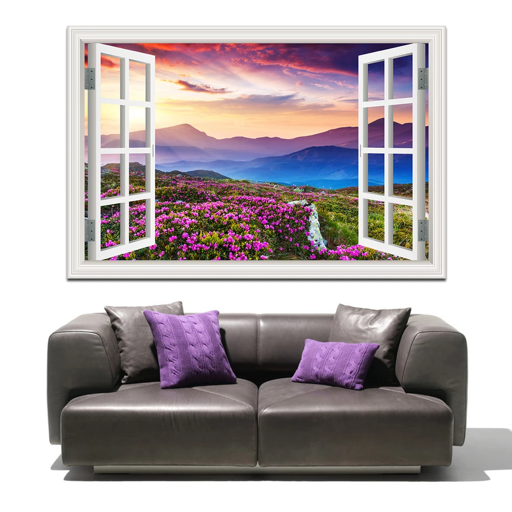 

3D Wall Stickers Decal Lavender Field Window View Purple Wallpaper Decals For Living Room Bedroom Home Decor Art