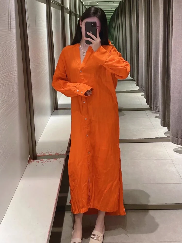 Платье-рубашка женское оранжевое средней длины с длинным рукавом |