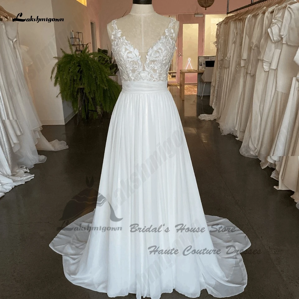 

Lakshmigown Vintage Beach Wedding Dress 2024 Robe De Mariage A Line Puffy Chiffon Long Boho Bridal Gowns Illusion Lace Appliques