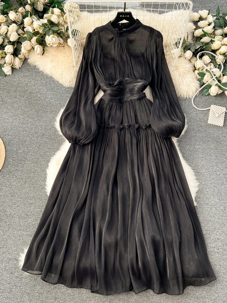 Enegant женское винтажное платье с круглым вырезом и рукавами-фонариками однотонное