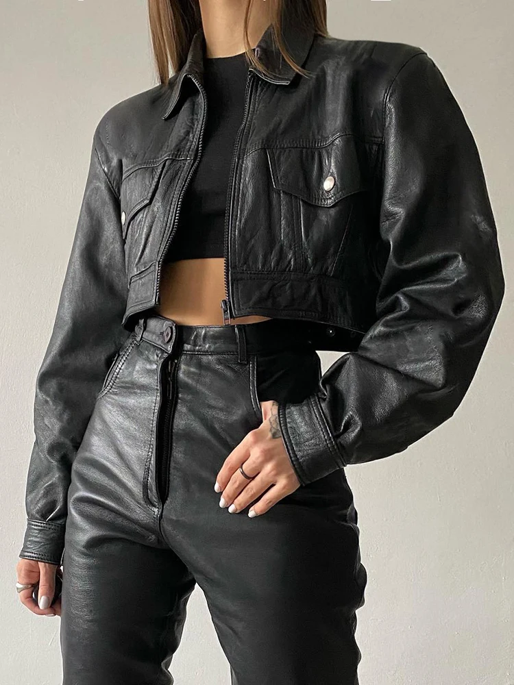 IAMSURE Casual Streetwear Pu Leather Cropped Jackets Autumn Zipper Turn-Down Collar Long Sleeve Coats Women 2022 Streetwear