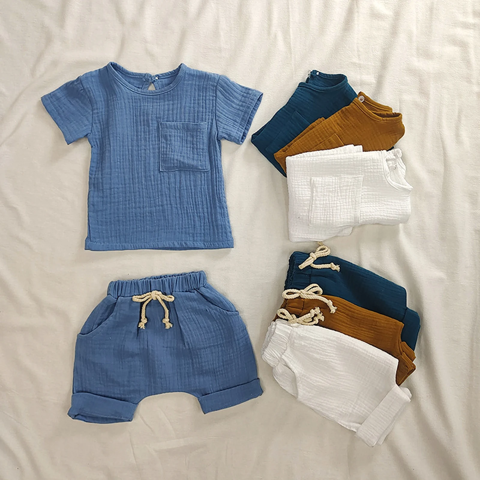 Baby Boys Girls Casual Cotton Clothes Set Short Sleeve Round Neckline Top with Elastic Waistband Drawstring Waist Shorts
