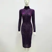 2021 Fashion Long Sleeve Purple Printed High Neck Tight Midi Dress Autumn Women's New Fashion Street Party Elegant Dress