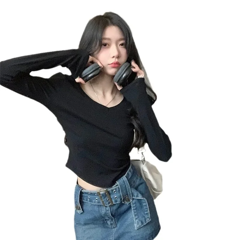 Женская весна-осень 2024 новая футболка в корейском стиле с v-образным вырезом