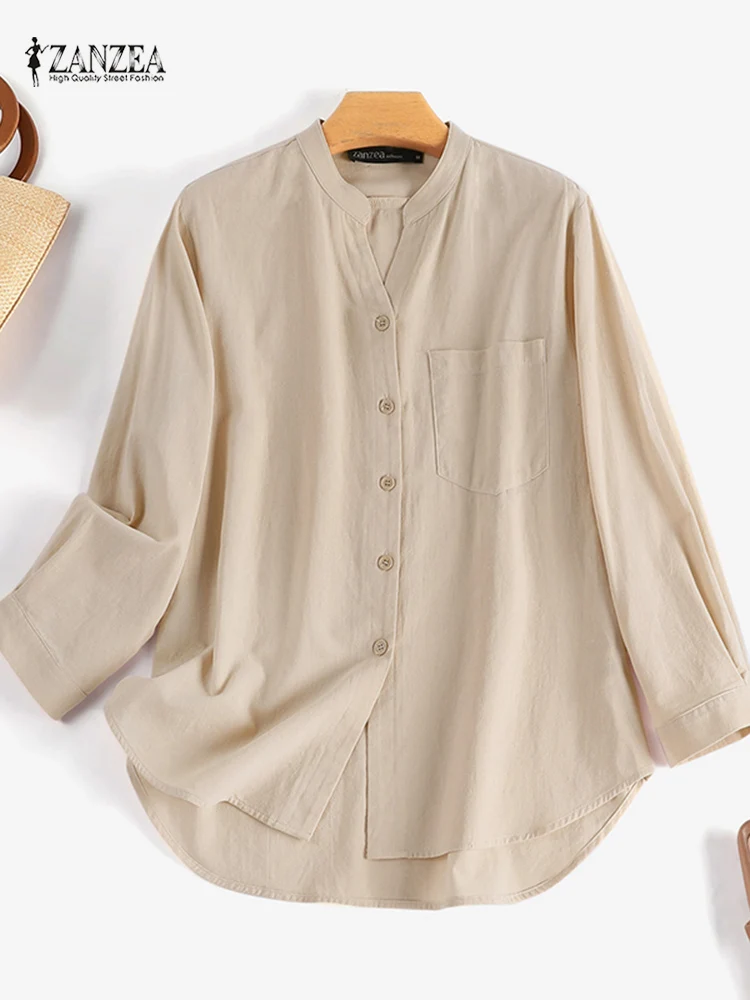 

ZANZEA Vintage Autumn Blouse Women V Neck Long Sleeve Shirt Casual Solid Work Tops Female Buttons Down Blusas Cotton Chemise