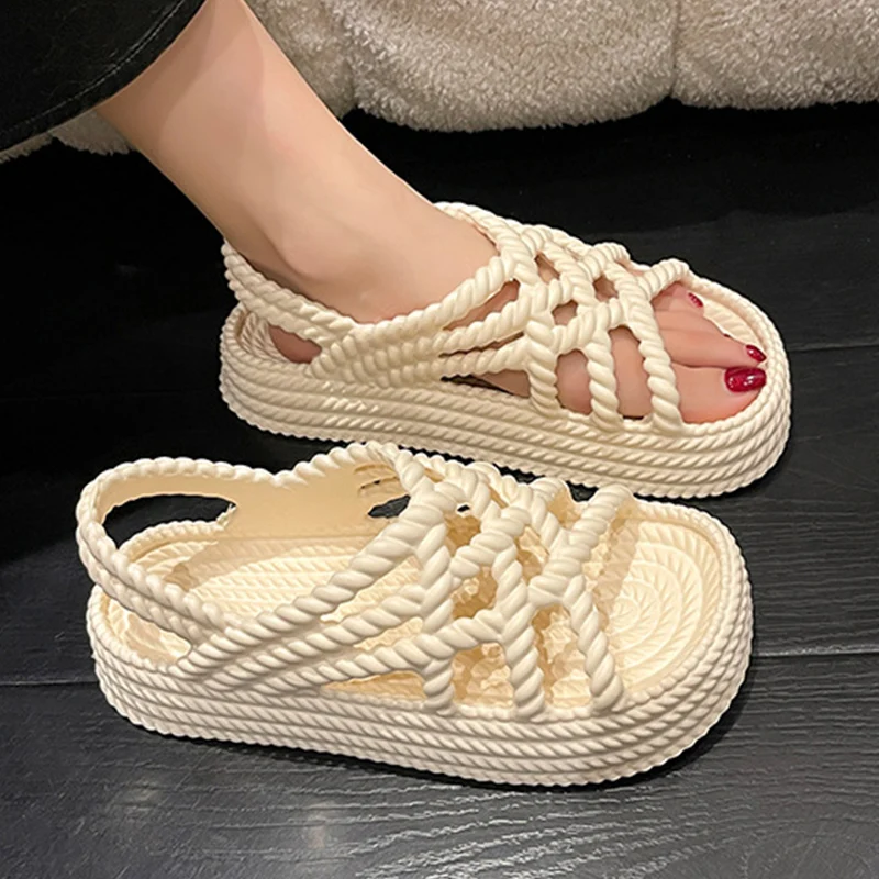 

Platform Weave Hollow Design Women Slingback Sandals 2023 Summer Vacation Beach Slides Soft Non-Slip Casual Fashion Female Shoes