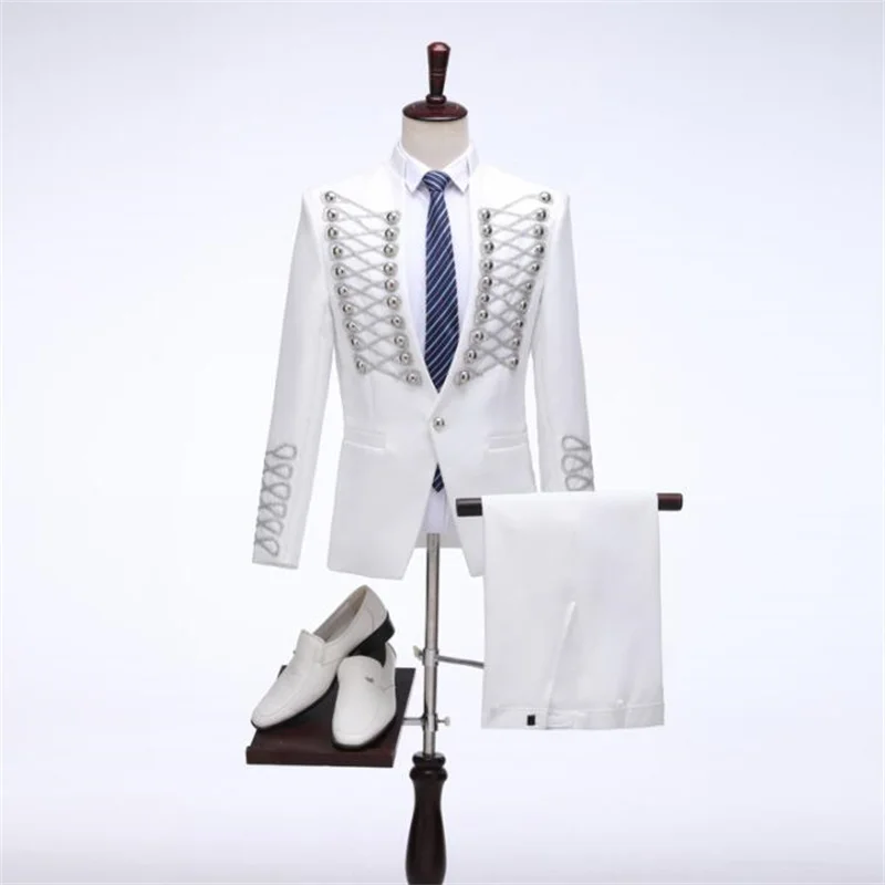 

Palace Blazer Men Groom Suit Set With Pants White Wedding Costume Singer Star Style Stage Clothing Formal Dress