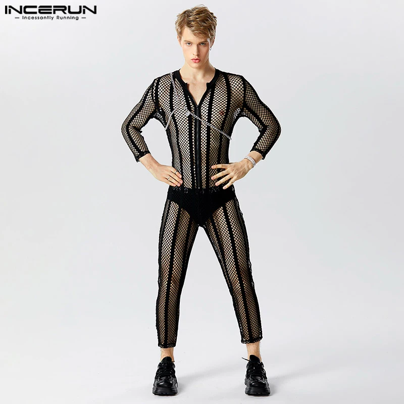 

2023 Men Jumpsuits Mesh Transparent V Neck Long Sleeve Zipper Sexy Rompers Pajamas Homewear Skinny Solid Men Playsuits INCERUN