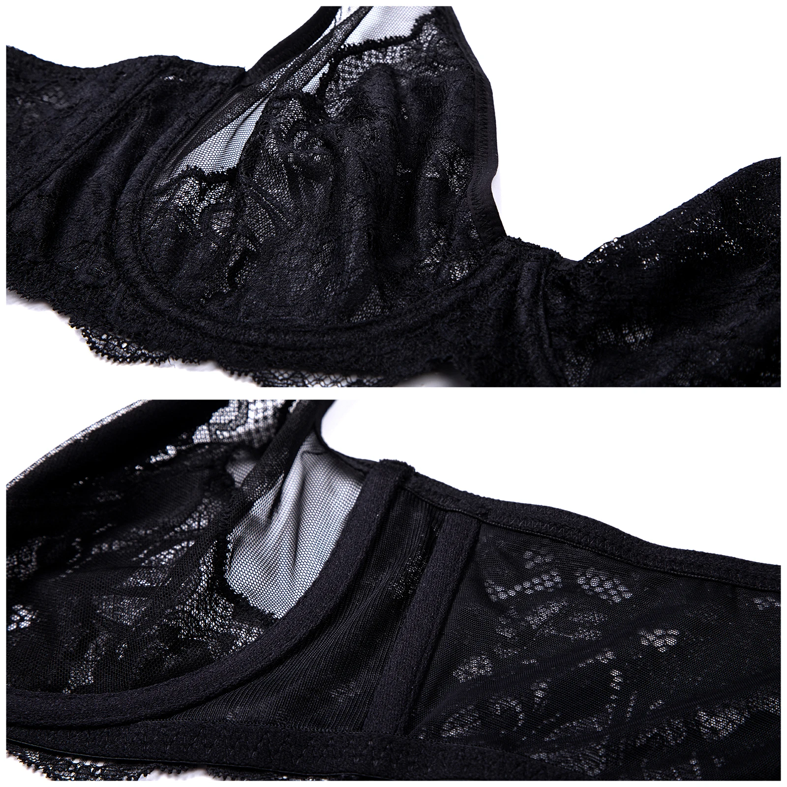 DOBREVA Women's Sexy Unlined Mesh Lace Bra Plus Size Minimizer Underwire Non Padded Full Coverage Transparent Bralette