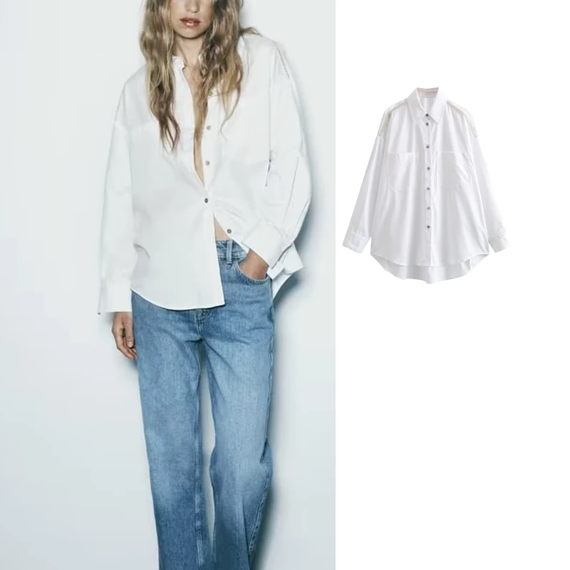 

TRAF Women Shirts And Blouses Beading Long Sleeve Shirt Women Autumn Button Up Blouse Streetwear Casual Loose Shirts Tops