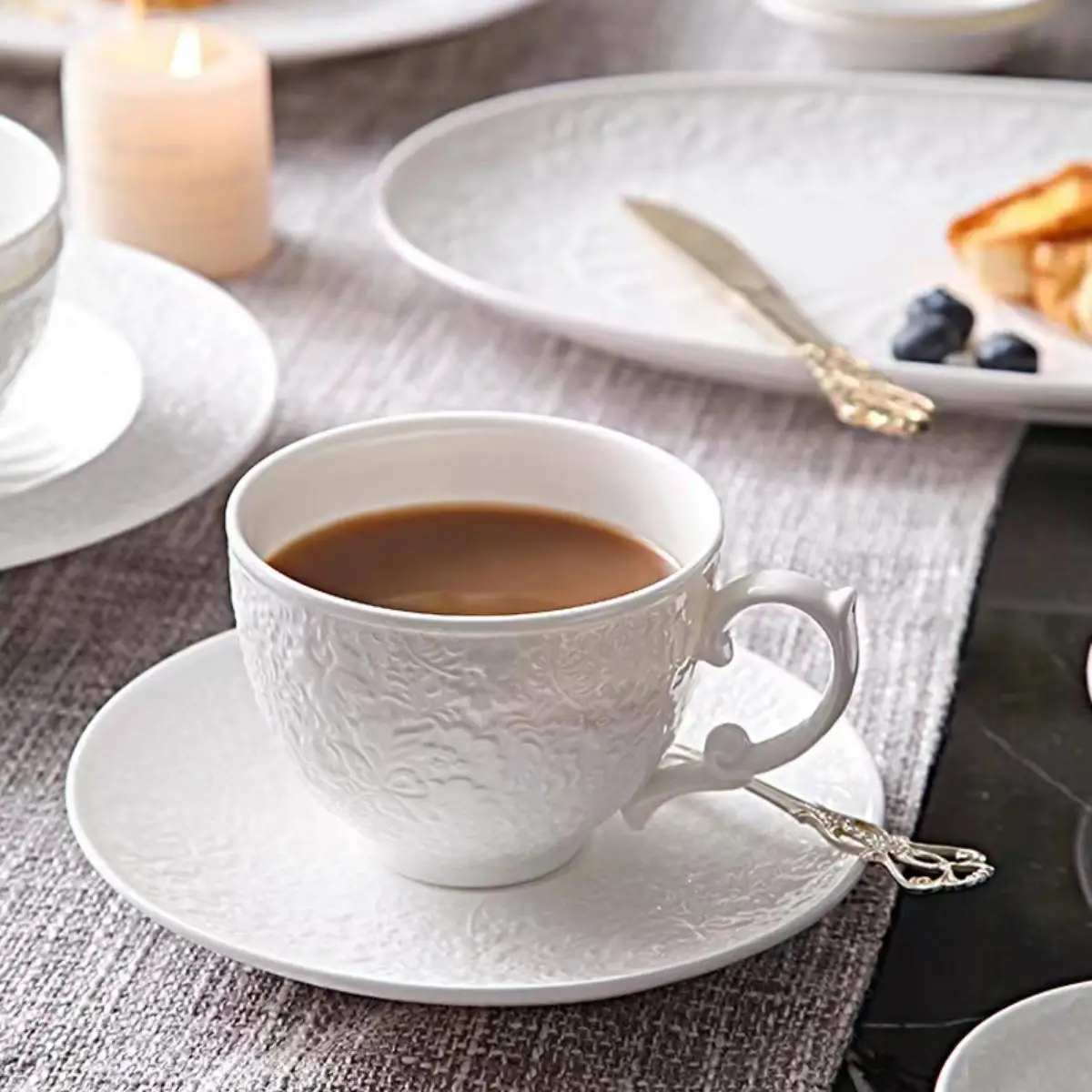 

Exquisite Solid Color Bone China Coffee Cup Set with Premium Ceramic Saucers – Minimalist Cups with Embossed Texture