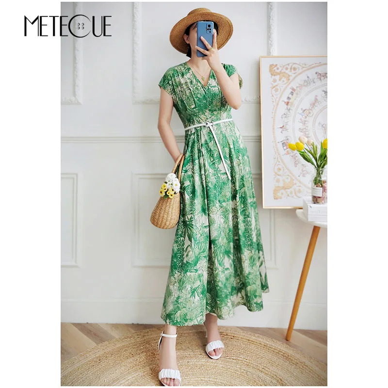 Tropical Printed Summer Dresses 2023 New Fashion Spring Summer 100% Cotton V Neck Short Sleeve Green Midi Dress