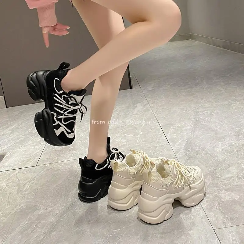 Authentic Leather Clunky Sneakers Female 2023 Spring Color Block Platform Height Increasing Casual Sneakers Shoes Women