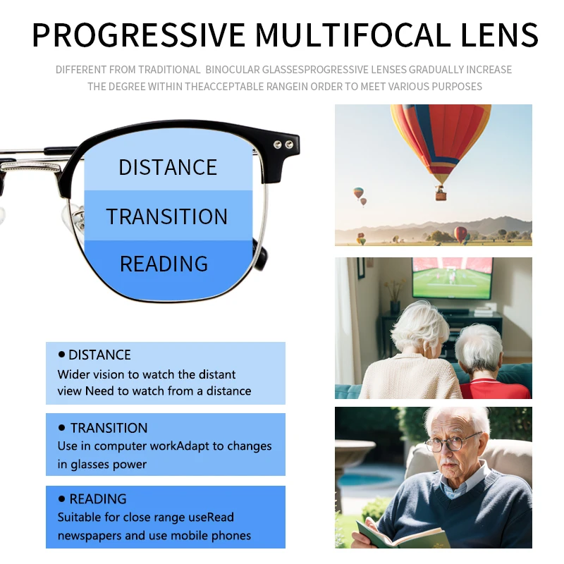 Многофокальные очки для чтения мужчин легкие металлические Полуободковые синие