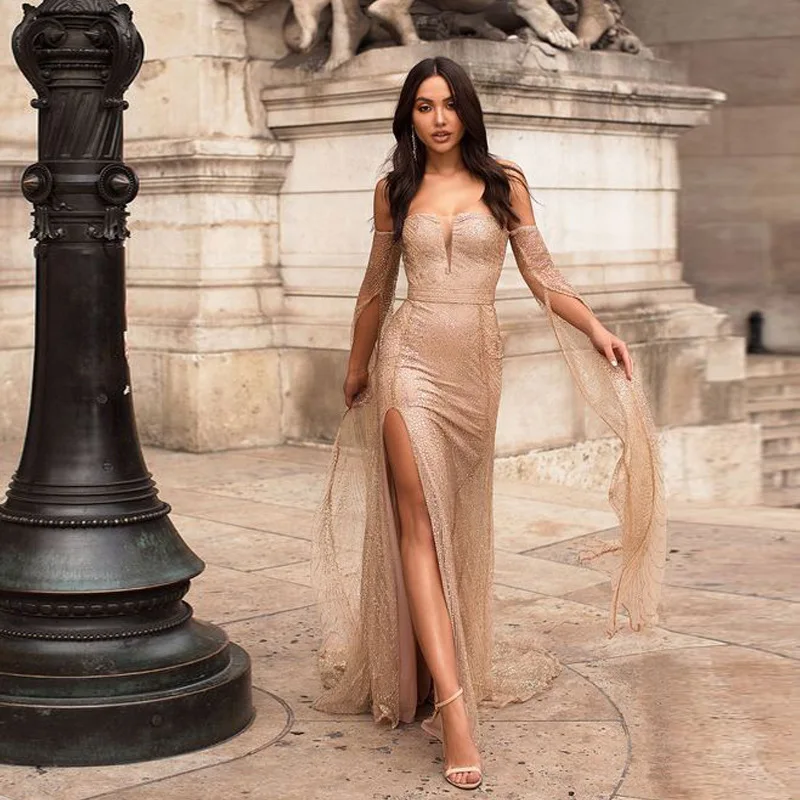New Style Fashion Sexy Sequined Shoulder Sleeve Dress Tube Top Dress Split Long Skirt Party Dress For Women Ball Dresses