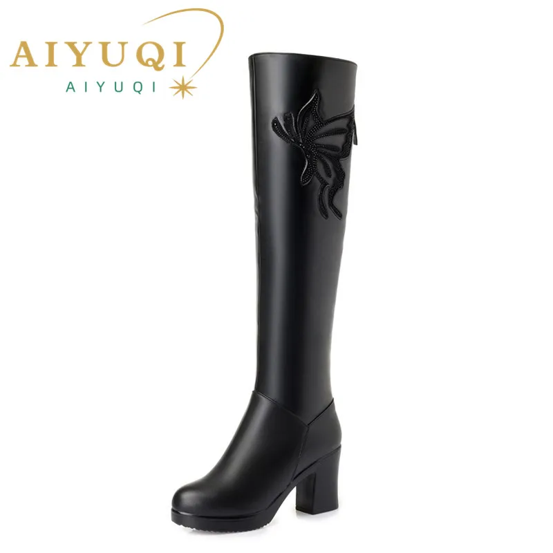 AIYUQI Women Knee High Boots 2023 New Winter Genuine Leather Plus Velvet Ladies Knight Boots Fashion Butterfly Long Boots Women