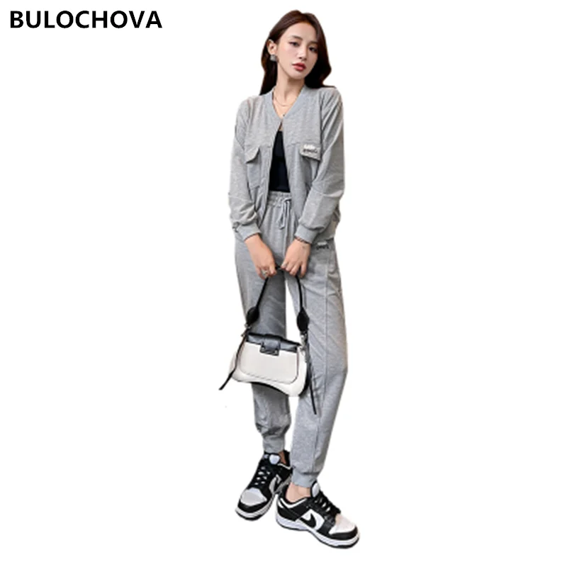 

BULOCHOVA New Spring Sweatpants Suits Women Fashion Solid Zippers Coats Tops + Full Length 2 Piece Sets Tracksuits Outfits M-XXL