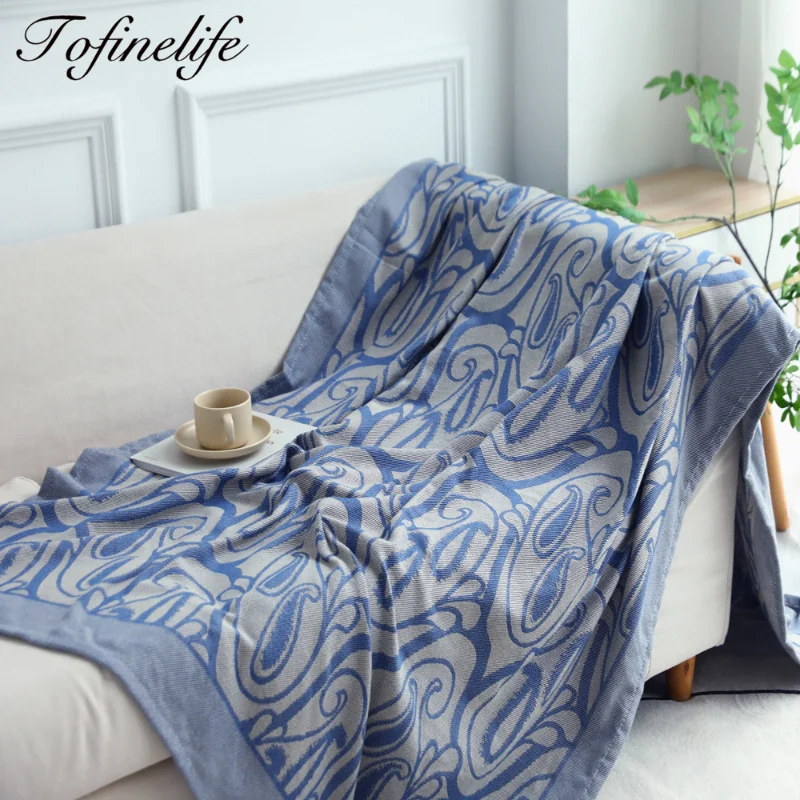 

Blue Jacquard Thicken Knitted Blankets for Bed Airplane Travel Anti-pilling Sofa Throw Blanket Modern Simple Soft Nap Blanket