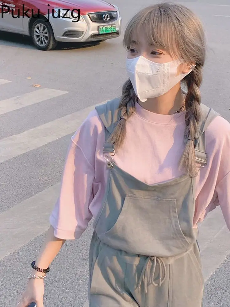 

Спортивная одежда Puku Juzg, брюки на подтяжках, милые японские Свободные Штаны с высокой талией, футболка из двух частей, женская одежда для спо...