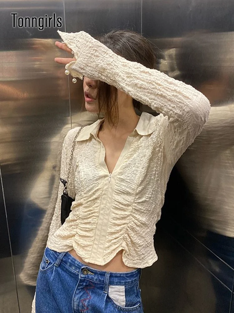 

New – Women's long-sleeved shirt, Y2K pleated short-sleeved shirt, Korean clothing, zipper, collar, tunic, beige, spring