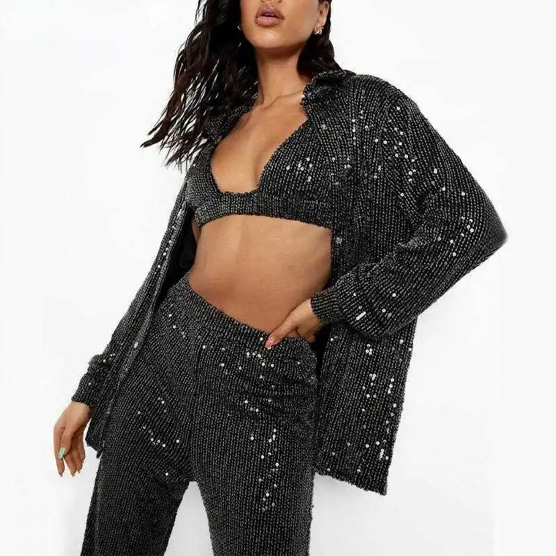 

Sequins Sexy Women's 3 Pieces Set Bling Underwear Bra Long Sleeve Shirt Wide Leg Pants Female Sets 2021 Party Club Ladies Suit