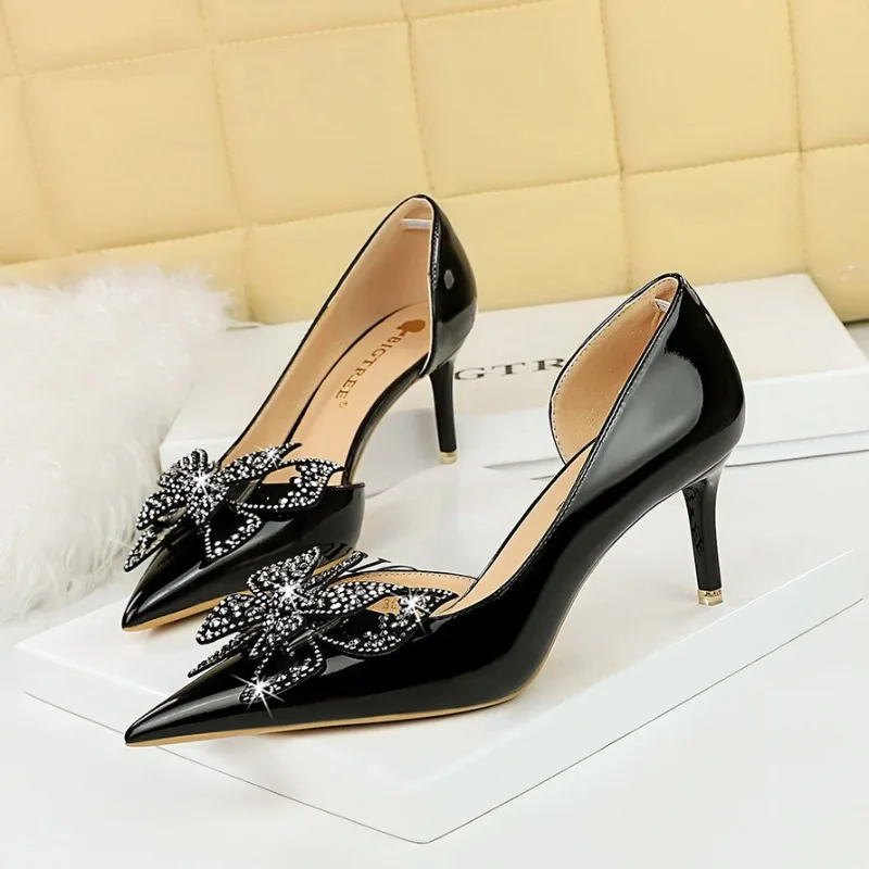 

BIGTREE Shoes Women Pumps Fashion Rhinestone Pointed Toe Patent Leather 7CM Thin high heels Mature Lady Party Women Shoes