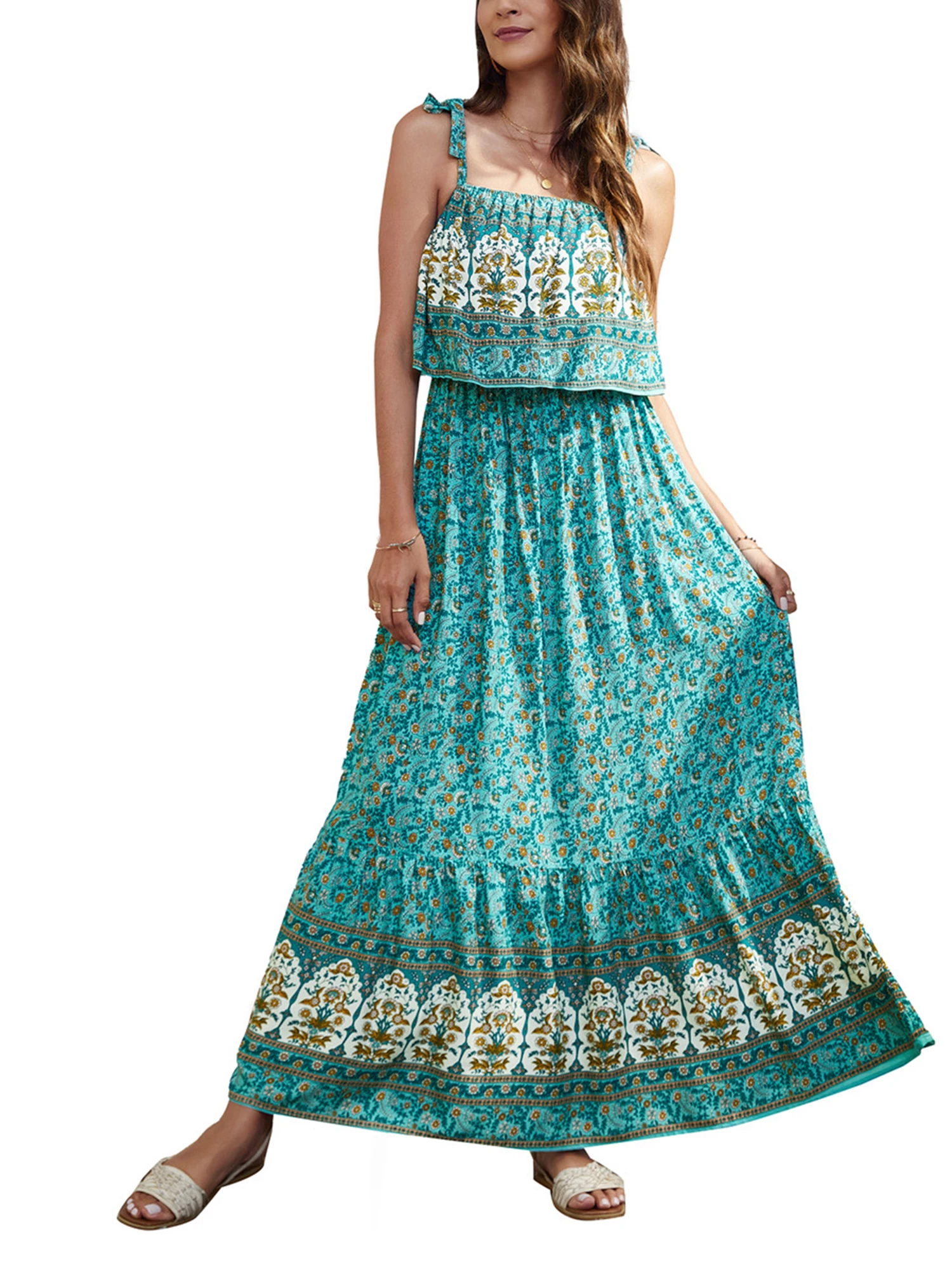 

Women Boho Sleeveless Square Neck Tie Up Shoulder Straps A-Line Bohemian es Gown Skirt