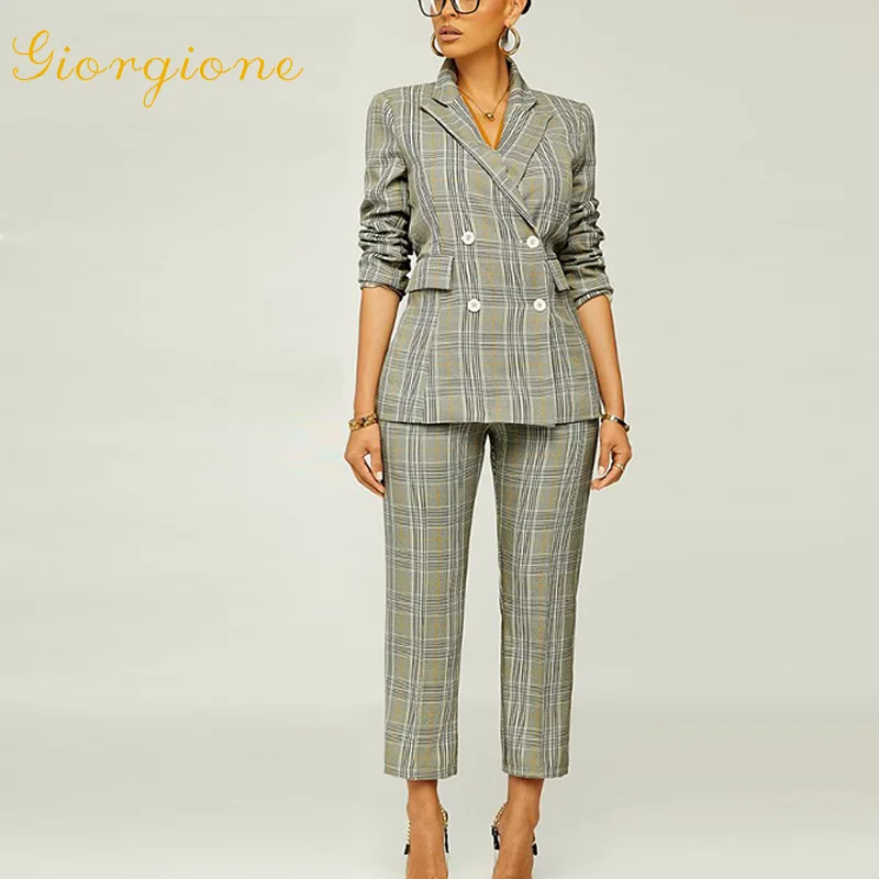 

Giorgione Pant Set 2022 Spring New Elegant Slim Plaid Popular Business Commute Coverall Suit Women's Clothing Women Work Clothes