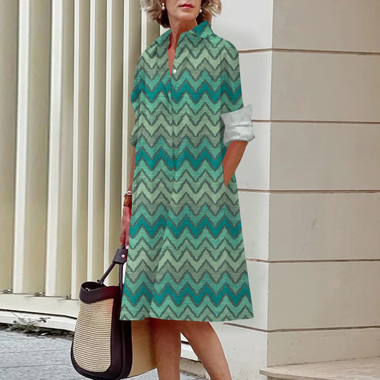 

Summer Casual Lapel Shirt Dress New Graffiti Print Simple Office Long Dress Female Single Breasted Pocket Loose Straight Dresses
