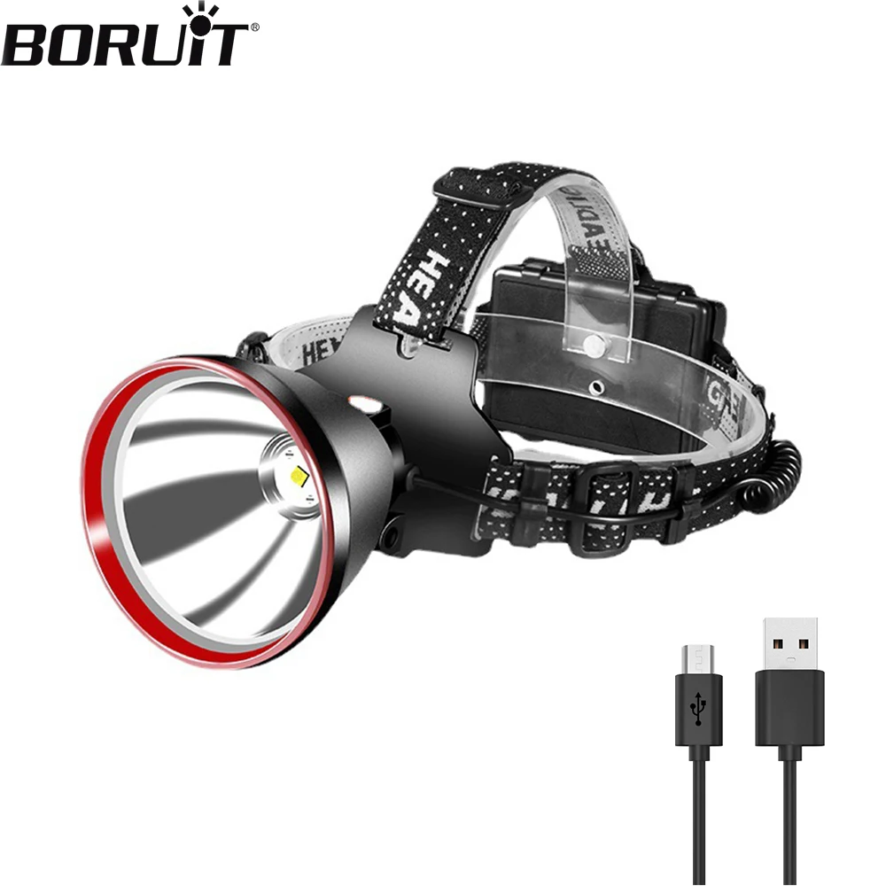 BORUiT Super Bright Long Range Led Headlamp 18650 Headlight USB Rechargeable Outdoor Fishing Head Flashlight Camp Lamp