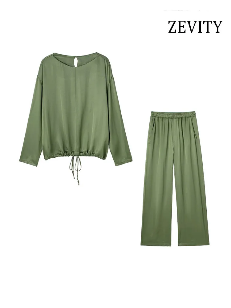 

ZEVITY Women Fashion Oversized Satin Blouses And Mid-rise Elastic Waist Pants Female Two Piece Sets Mujer SET634