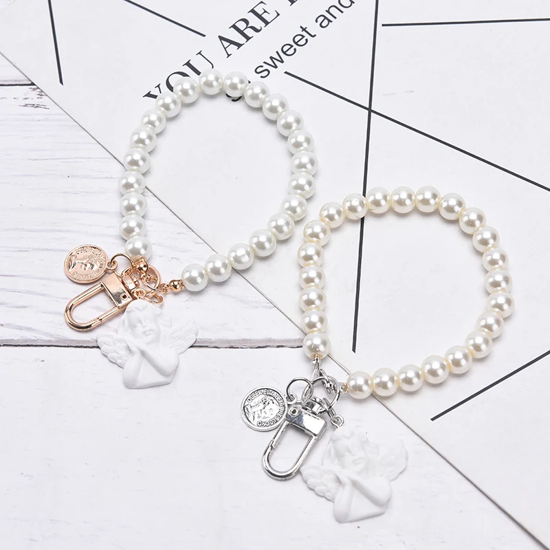 

New Vintage White Angel Keychain Women Girl Pearl Key Chain Car Key Ring Holder