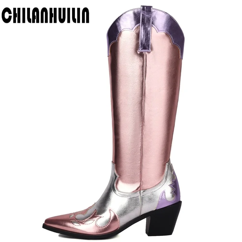 

bling embroidered pu boots woman 2023 autumn winter patent leather knee high boots woman thick high heels cowboy botas mujer