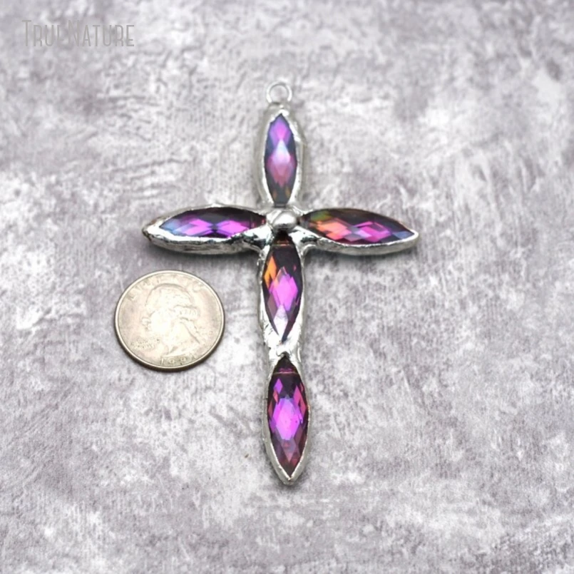 

10 шт. оптом граненые баклажановые оловянные стеклянные кристаллы Иисус христианские ювелирные изделия ручной работы спаянный Крест Подвеска PM29401