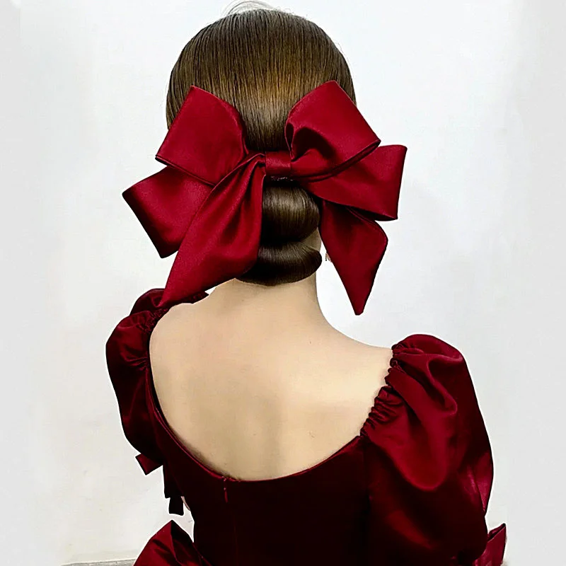 

2021 new wine red satin bow hairpin simple bridal headdress toast dress license photo hair accessories