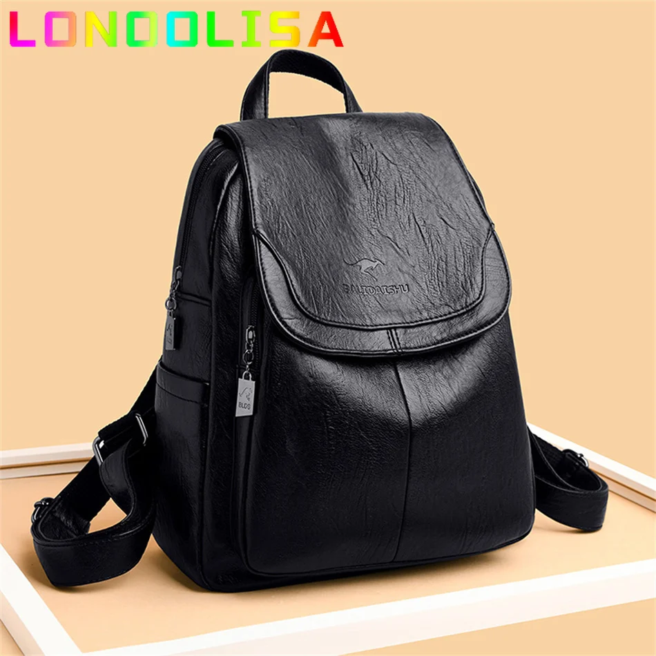 

Women Quality Leather Backpacks for Girls Sac A Dos Casual Daypack Black Vintage Female Bagpack School Bags Mochilas Rucksack