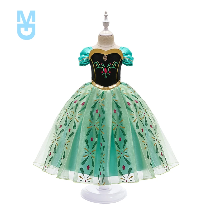 

Новое зеленое платье Анны, платье принцессы Эльзы для девочек, Детский костюм с париком и короной, перчатки Анны, вечернее платье для коспле...