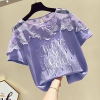 summer blouse women short sleeve lace beads patchwork shirt korean lady casual letters print ruffles tops white black blusas