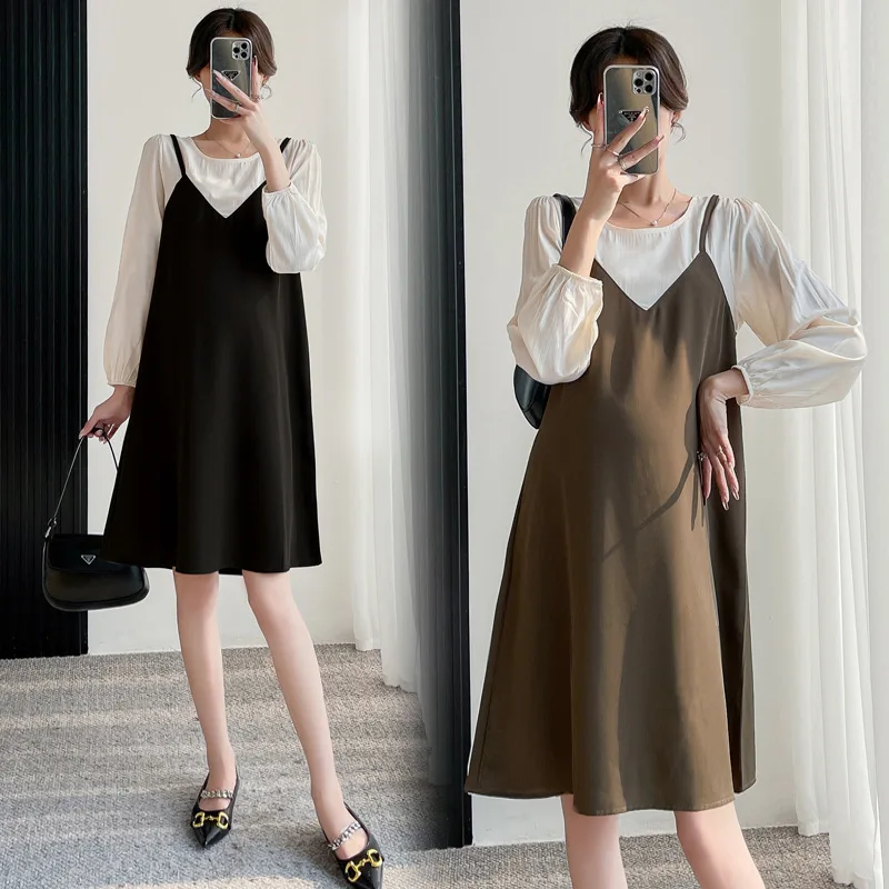 

Платье для беременных Осенняя корейская мода с круглым вырезом длинным рукавом сращенная свободная трапециевидная Одежда для беременных Милая Одежда для беременных